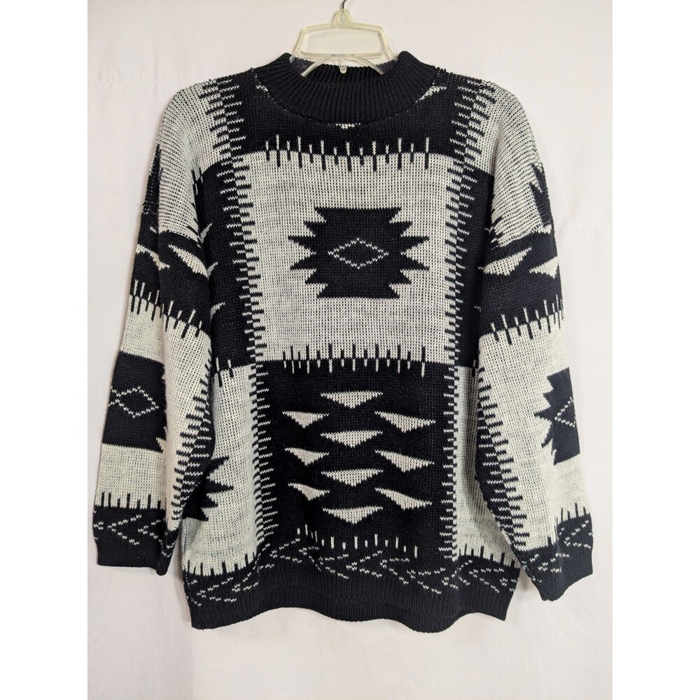 Vintage 80s American Pride Aztec Knit Black White Mock Neck Sweater Men's Large